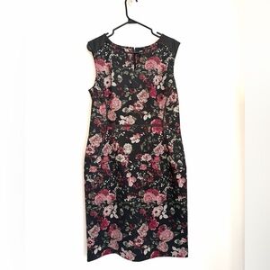 Dark Floral Sheath Dress with Faux Leather Shoulders – Size 10